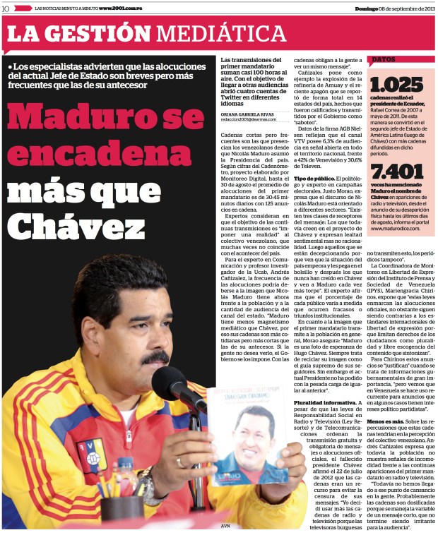 "Maduro se encadena más que Chávez" / Entrevista de Oriana Rivas a Justo Morao / Diario 2001 del 8 de septiembre de 2013.